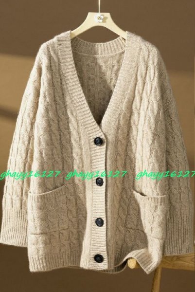 XL 暖かカシミヤ90%★ゆったりケーブル編みVネックカーディガン♪ ベージュXL拍卖