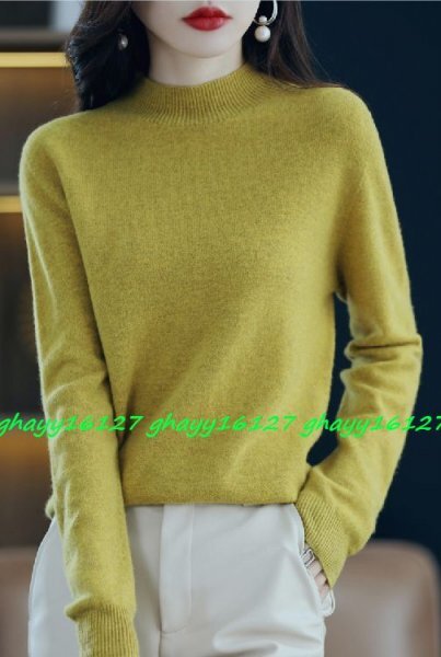 M柔らか上質カシミヤ100%★ベーシック&シンプルハイネックニット♪ マスタードM拍卖