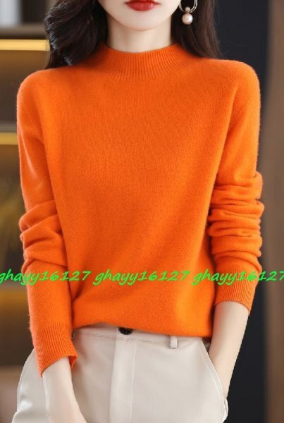 L柔らか上質カシミヤ100%★ベーシック&シンプルハイネックニット♪ オレンジ L拍卖
