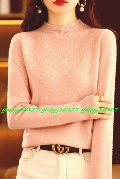 M柔らか上質カシミヤ100%★ベーシック&シンプルハイネックニット♪ ピンクM拍卖