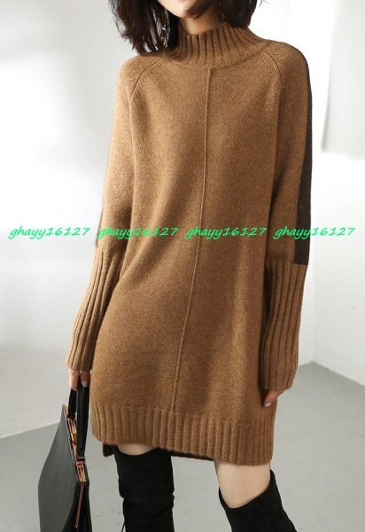 L 暖かカシミヤ90%★袖配色ハイネックニットチュニックワンピ♪キャメル L拍卖