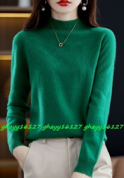 M柔らか上質カシミヤ100%★ベーシック&シンプルハイネックニット♪グリーンM拍卖