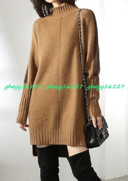 M 暖かカシミヤ90%★袖配色ハイネックニットチュニックワンピ♪キャメル M拍卖