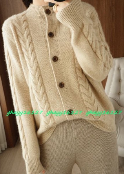 L ふんわり暖かカシミヤ90%★大人上品ケーブル編みニットカーディガン♪ベージュL拍卖