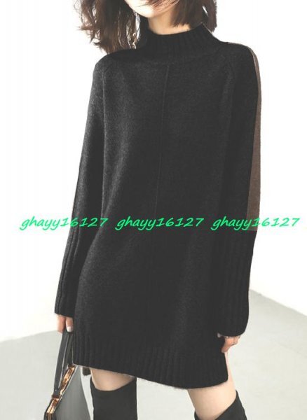 M 暖かカシミヤ90%★袖配色ハイネックニットチュニックワンピ♪黒 M拍卖