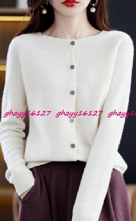 L 極上柔らかカシミヤ100%★シンプルクルーネックニットカーディガン♪ホワイト L拍卖