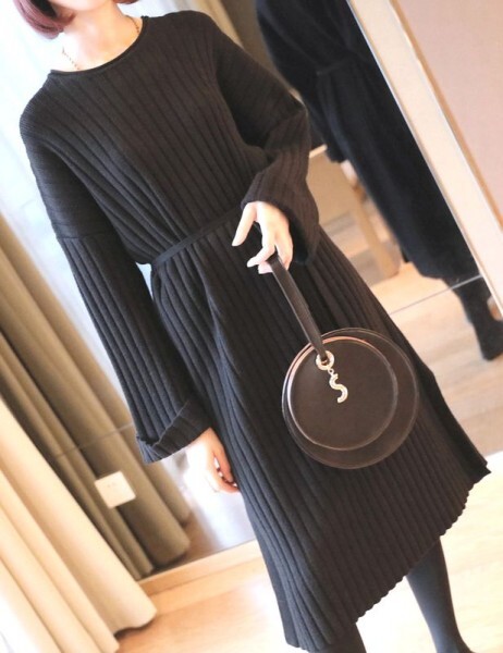 ふんわり柔らか上質ミンクカシミヤ100%★ゆったりシルエットリブ編みロングニットワンピ♪黒フリー拍卖