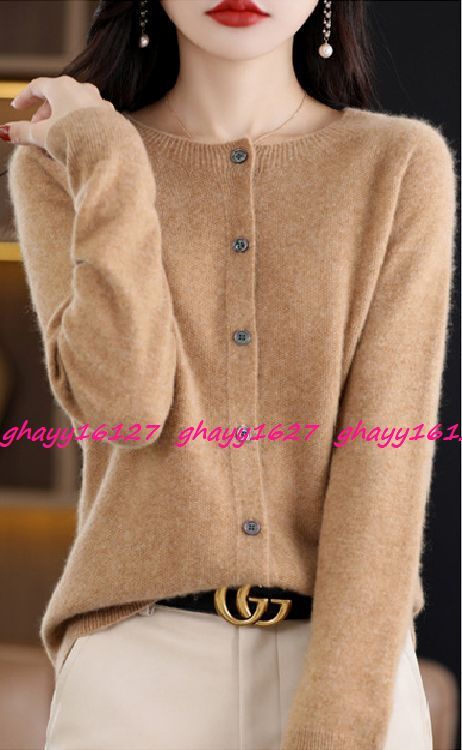 M極上柔らかカシミヤ100%★シンプルクルーネックニットカーディガン♪キャメルM拍卖