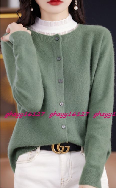 L 極上柔らかカシミヤ100%★シンプルクルーネックニットカーディガン♪カーキ L拍卖