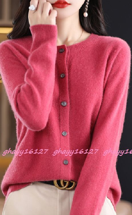 XL 極上柔らかカシミヤ100%★シンプルクルーネックニットカーディガン♪ローズピンク XL拍卖