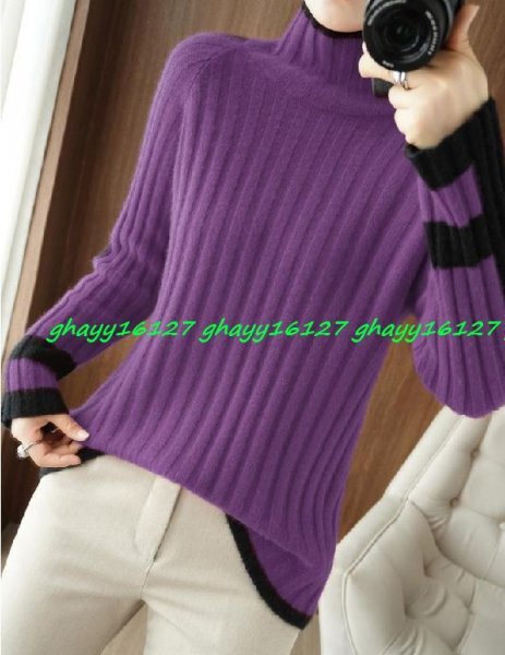 L ふんわり暖かカシミヤ90%★モノトーン配色ニットプルオーバー♪パープル L拍卖