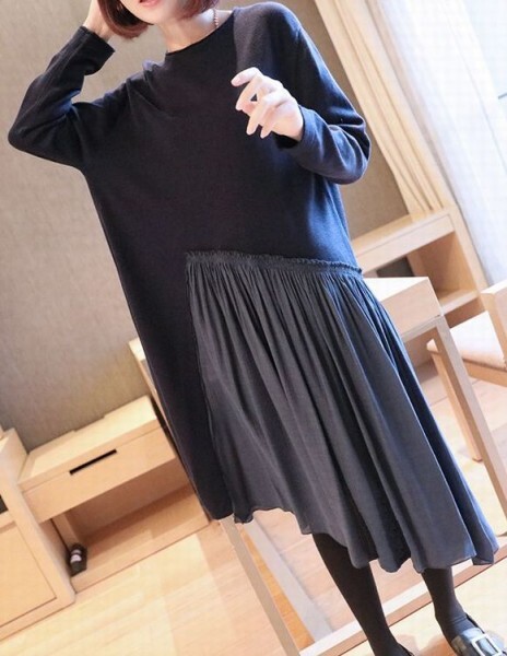 秋新品ドッキングワンピ★ギャザーフレアニット切替ワンピース♪ネイビー♪フリー拍卖