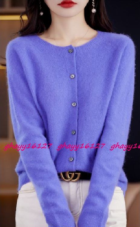 L 極上柔らかカシミヤ100%★シンプルクルーネックニットカーディガン♪ライラック L拍卖