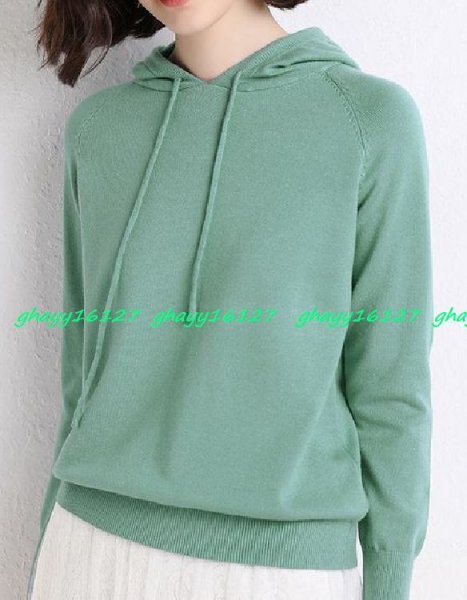 L新品☆ふんわり柔らかカシミヤ90%♪スッキリシルエットのフード付きニット♪グリーンL拍卖