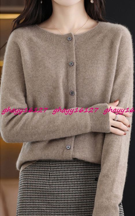 XL 極上柔らかカシミヤ100%★シンプルクルーネックニットカーディガン♪モカ XL拍卖