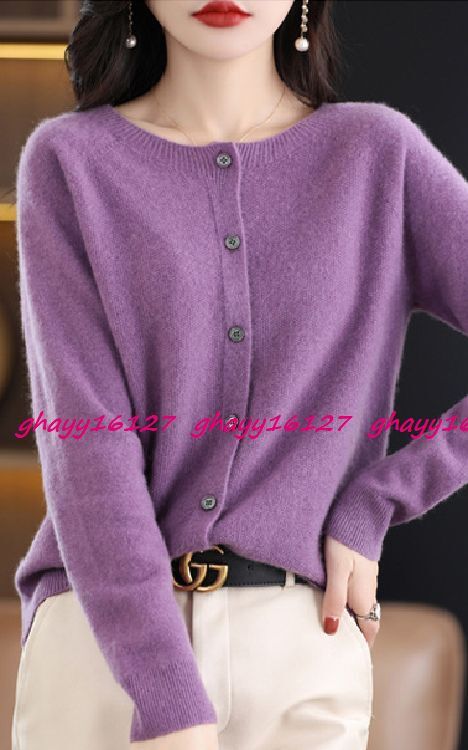 L 極上柔らかカシミヤ100%★シンプルクルーネックニットカーディガン♪パープル L拍卖