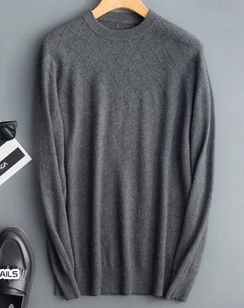 L ふんわり高品質カシミヤ90%★胸元編地切替暖かクルーネックニット★ダークグレーL拍卖