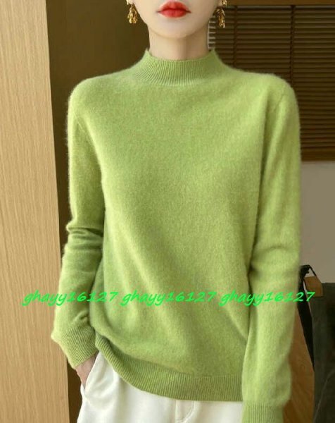 XL柔らか上質カシミヤ100%★ベーシック&シンプルハイネックニット♪アップルグリーン XL拍卖