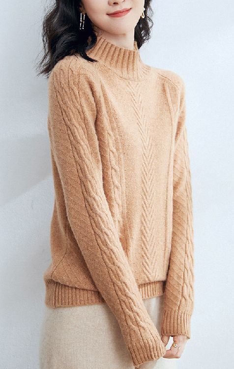 M 新品ふんわり肉厚カシミヤ90%★MIXケーブル編みハイネックニット♪キャメル M拍卖