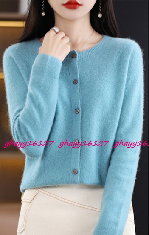 L 極上柔らかカシミヤ100%★シンプルクルーネックニットカーディガン♪水色 L拍卖