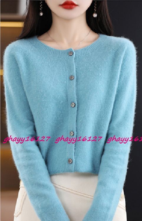 XL 極上柔らかカシミヤ100%★シンプルクルーネックニットカーディガン♪水色 XL拍卖