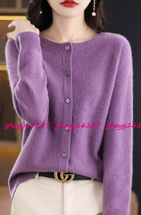 XL 極上柔らかカシミヤ100%★シンプルクルーネックニットカーディガン♪パープル XL拍卖