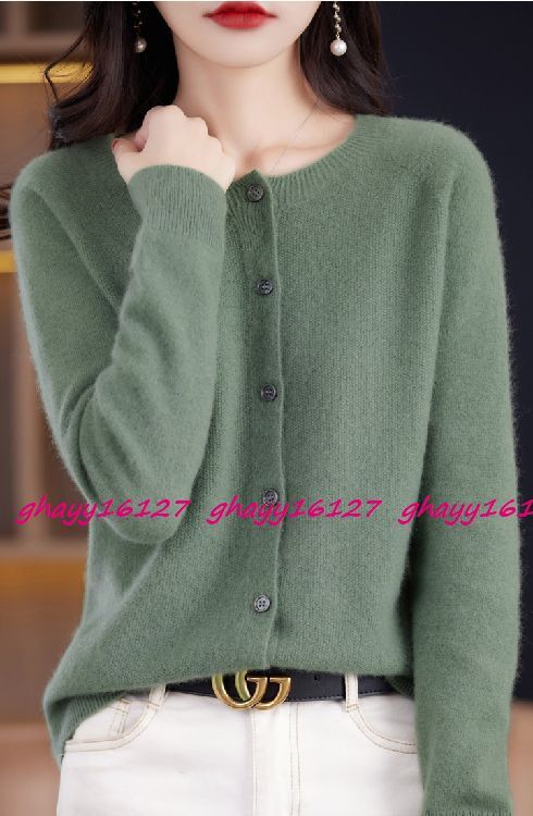 XL 極上柔らかカシミヤ100%★シンプルクルーネックニットカーディガン♪カーキ XL拍卖