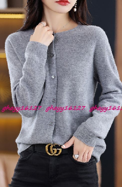 XL 極上柔らかカシミヤ100%★シンプルクルーネックニットカーディガン♪グレー XL拍卖