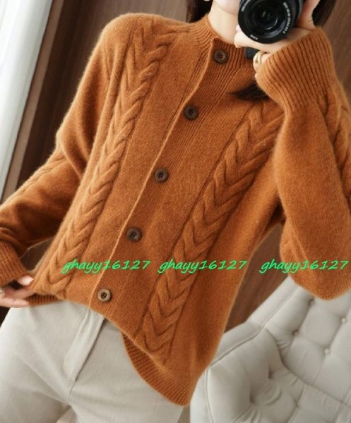 L ふんわり暖かカシミヤ90%★大人上品ケーブル編みニットカーディガン♪ キャメル L拍卖