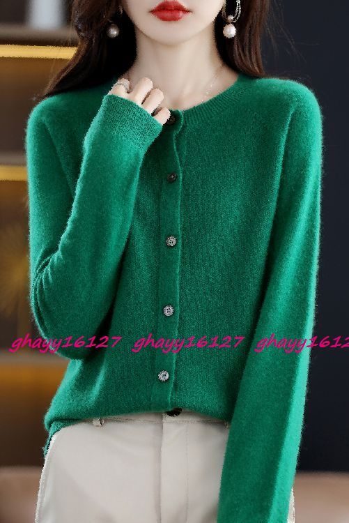 XL 極上柔らかカシミヤ100%★シンプルクルーネックニットカーディガン♪グリーン XL拍卖