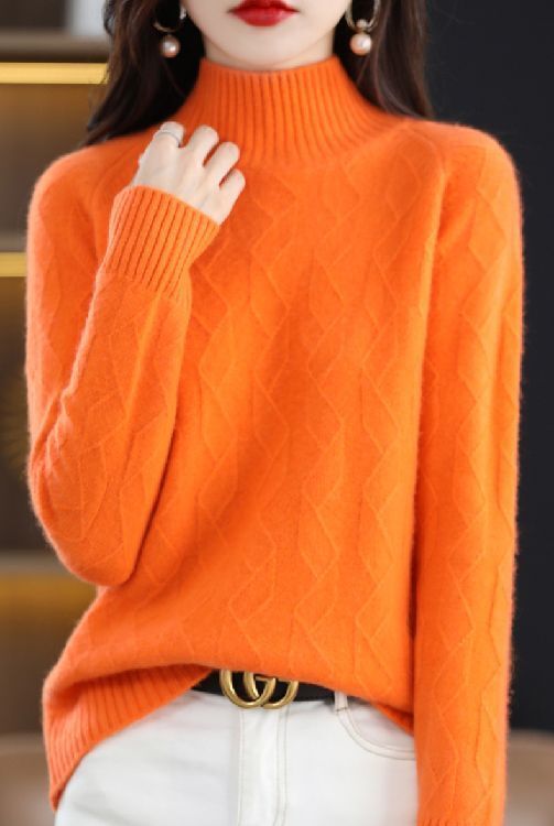 L 新品ふんわり柔らかカシミヤ90%★上品立体感編みお洒落ハイネックニット♪オレンジL拍卖