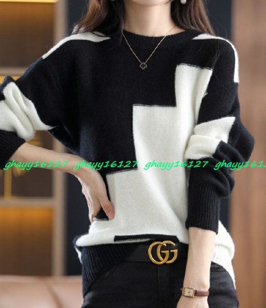 M ふんわり暖かカシミヤ90%★バイカラー配色 ニットプルオーバー♪白 M拍卖