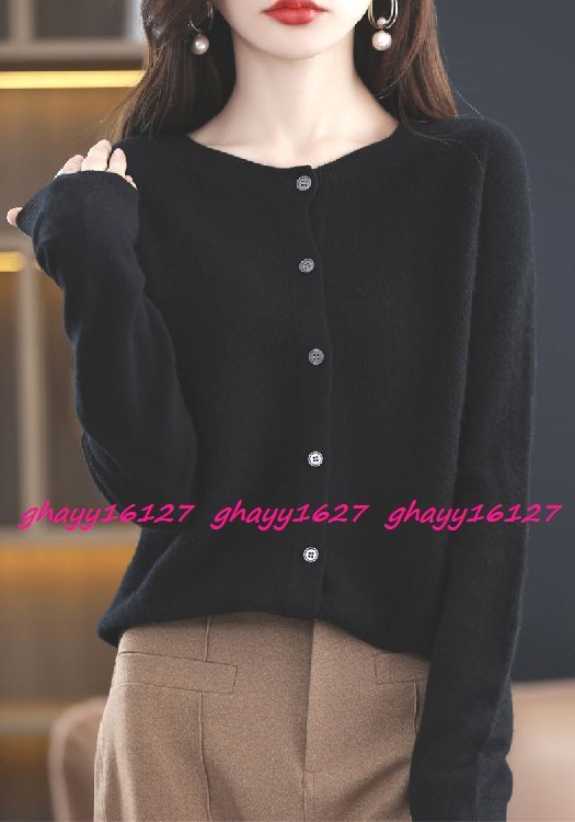 L 極上柔らかカシミヤ100%★シンプルクルーネックニットカーディガン♪黒 L拍卖