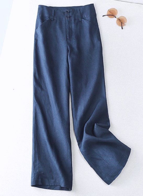 秋新品L★前ボタン綿麻ストレートワイドパンツ♪ネイビー L拍卖