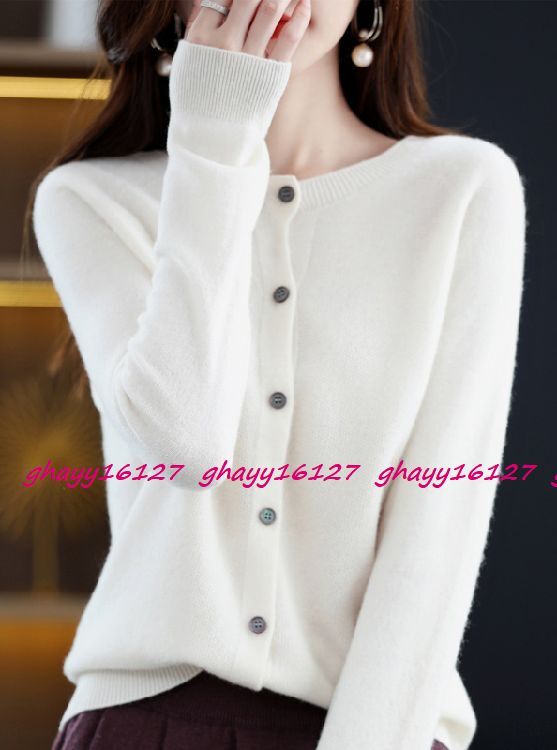 XL 極上柔らかカシミヤ100%★シンプルクルーネックニットカーディガン♪ホワイト XL拍卖