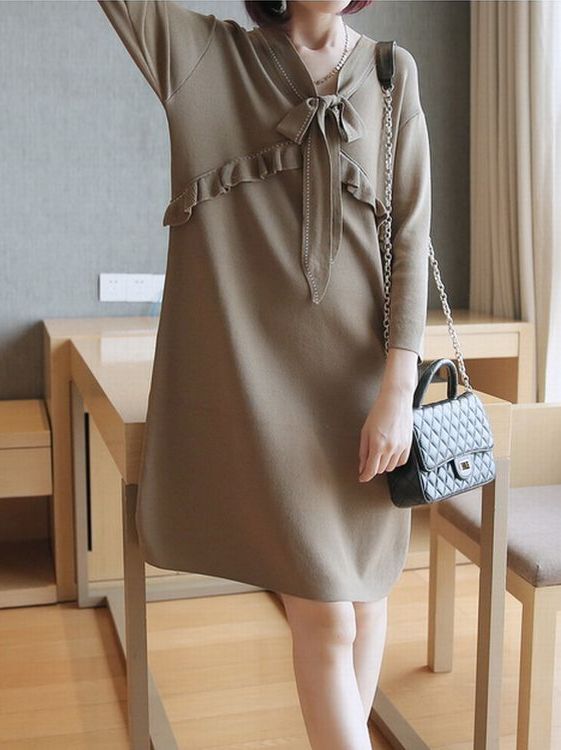M秋ニットワンピ★可愛いリボン胸元フリルⅤネックニットワンピ♪カーキM拍卖