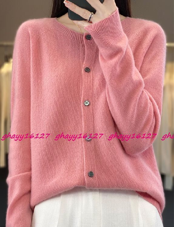 M極上柔らかカシミヤ100%★シンプルクルーネックニットカーディガン♪ピンクM拍卖