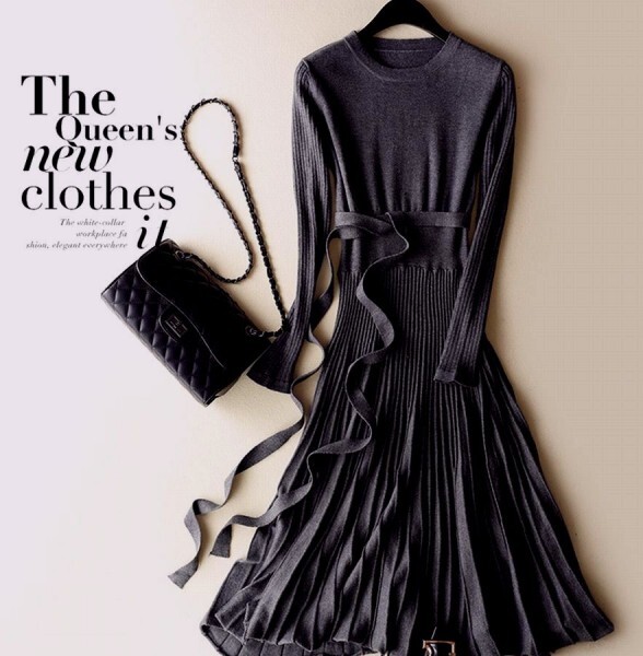 L高品質☆しなやか肌触りカシミヤ90%★ウエストリボン可愛いプリーツフレアワンピ♪ブラックL拍卖