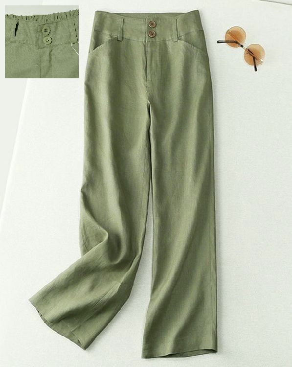 秋新品L★前ボタン綿麻ストレートワイドパンツ♪グリーン L拍卖