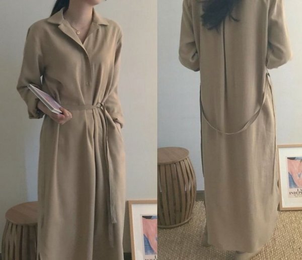 秋新品★ロングシャツワンピ★ウェストリボンとろみ素材サイドスリット♪ベージュ系フリー拍卖