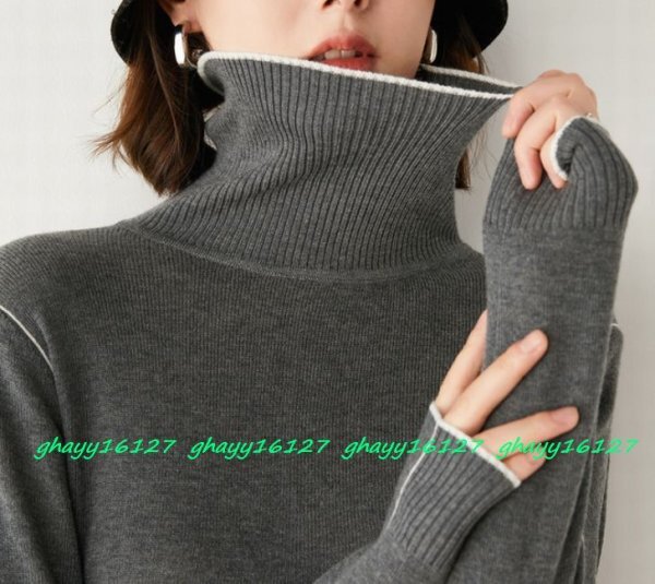L 柔らかカシミヤ90%★シンプル配色ラインタートルネック薄ニット♪グレー L拍卖