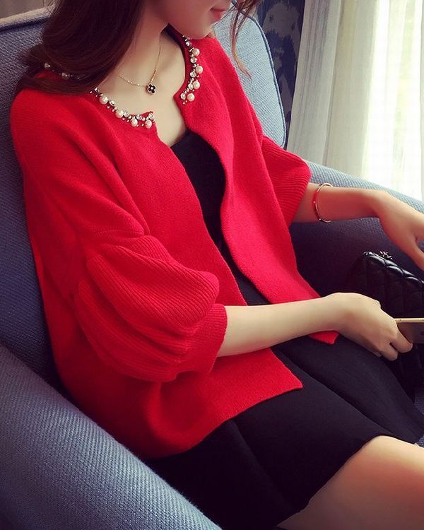 M★華やかビジュ可愛い★ふっくらバルン袖ボレロ♪ 赤M拍卖