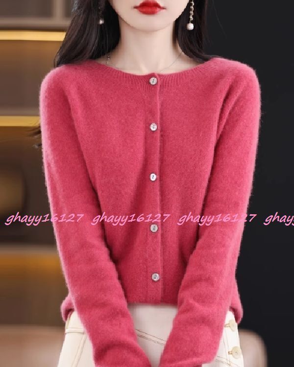 L 極上柔らかカシミヤ100%★シンプルクルーネックニットカーディガン♪ローズピンク L拍卖