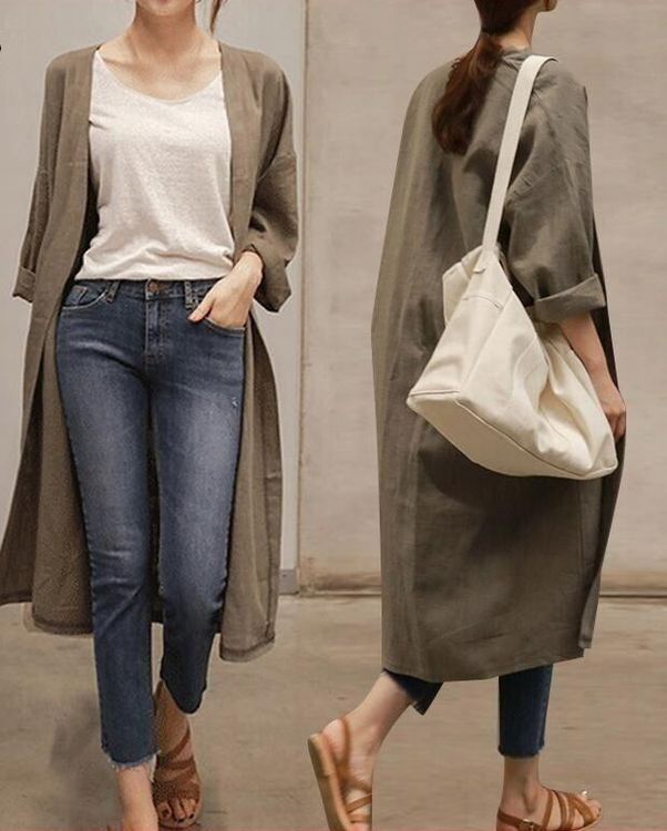 秋上質コットンリネン♪ノーカラーロング丈カーディガン♪モカ フリー拍卖