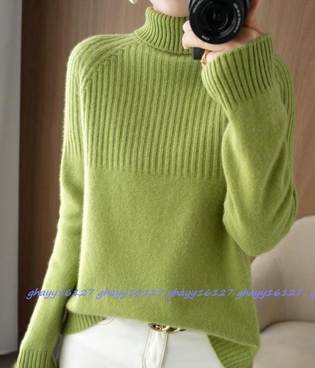 L新作☆ふんわり暖かカシミヤ90%リブ編み切替ハイネックニット♪ライトグリーンL拍卖
