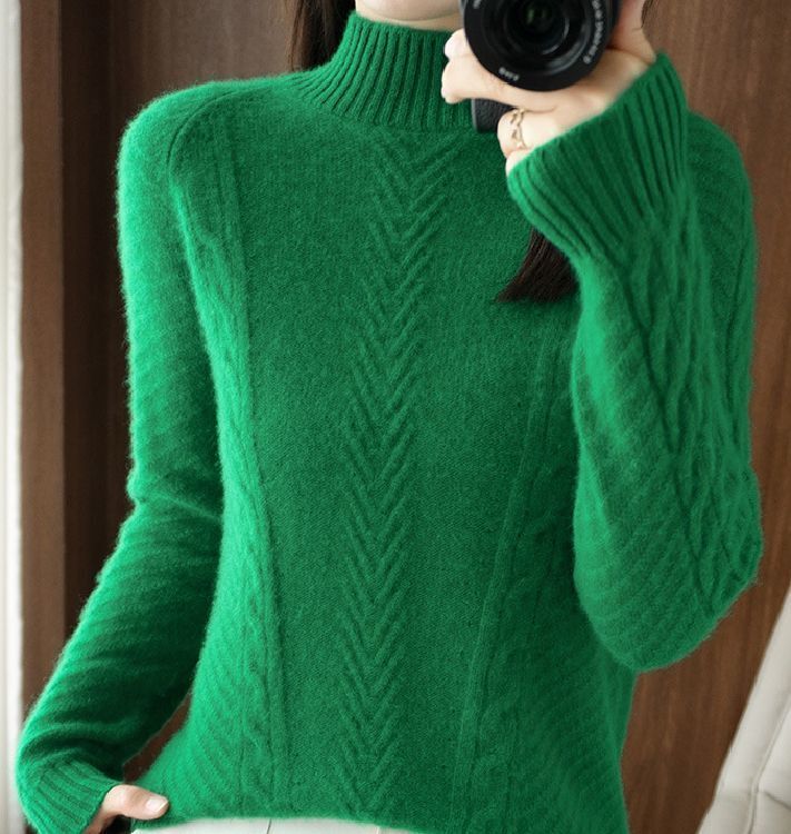 M 新品ふんわり肉厚カシミヤ90%★MIXケーブル編みハイネックニット♪グリーン M拍卖