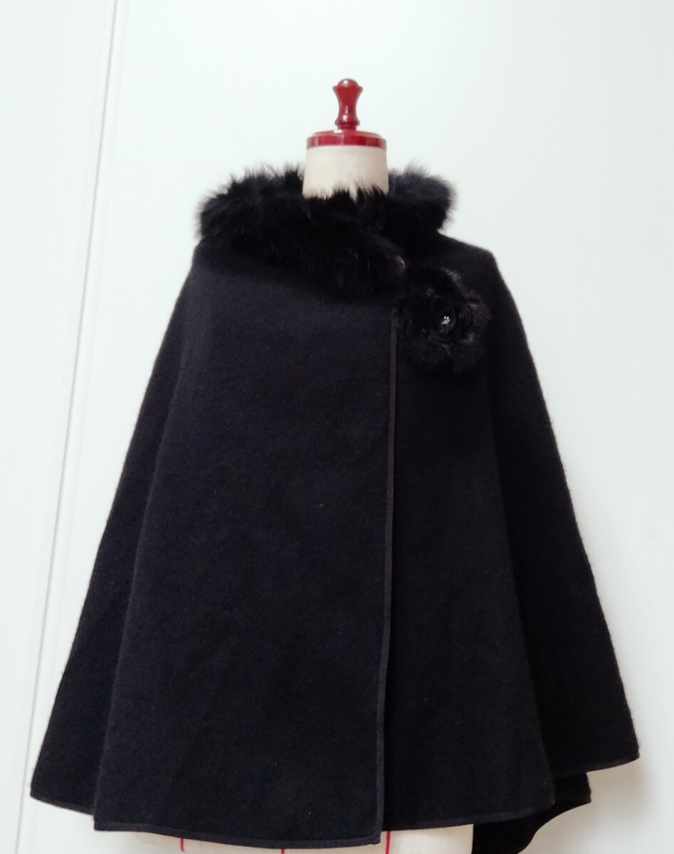 AMACA*ケープ*ポンチョ*黒*フォックスファー*インゲボルグのコサージュ付き*マント*羽織*三陽商会*ウール*裏地付き拍卖