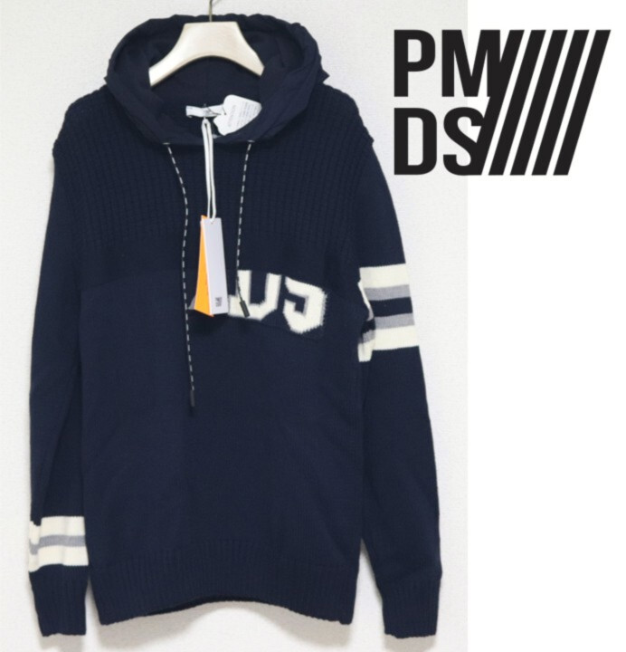 36,300円新品タグ付き【P.M.D.S.】LEON掲載ブランド イタリア製 フード切替 プルオーバー ニットパーカー 紺 M v7629拍卖