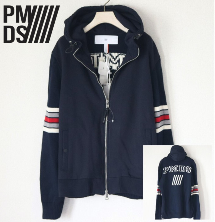 42,900円新品タグ付き【P.M.D.S.】LEON掲載ブランド イタリア製 袖ニット切替 ジップパーカー 紺 L v7652 拍卖