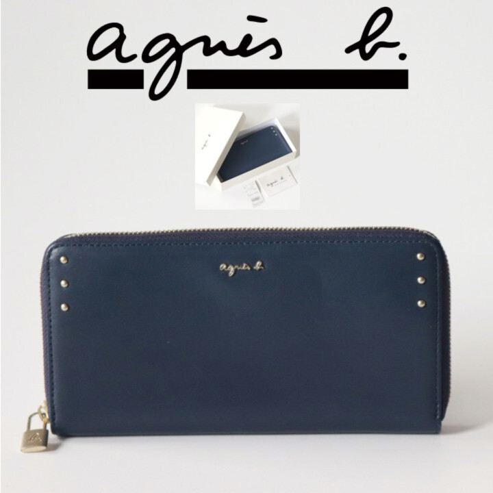 29,700円新品箱付き【agnes b. アニエスベー】南京錠 ラウンドファスナー長財布 ロングウォレット 紺 v7670拍卖